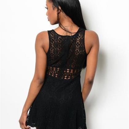 1310051 Black Lace-up Skater Dress